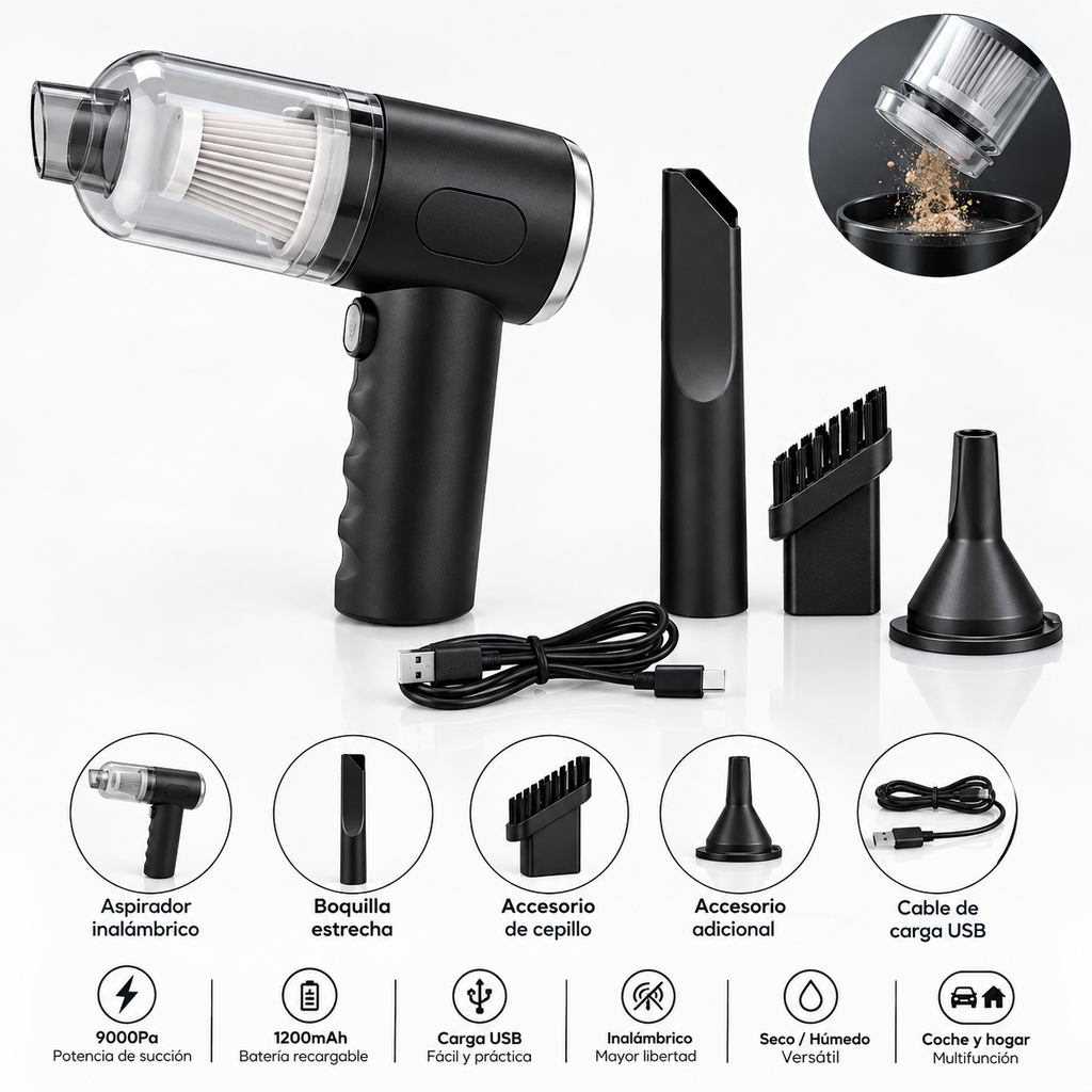 Mini Aspirador Inalambrico 9000Pa - Coche y Hogar, Recargable USB