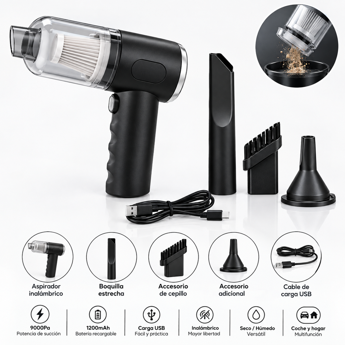 Mini Aspirador Inalambrico 9000Pa - Coche y Hogar, Recargable USB
