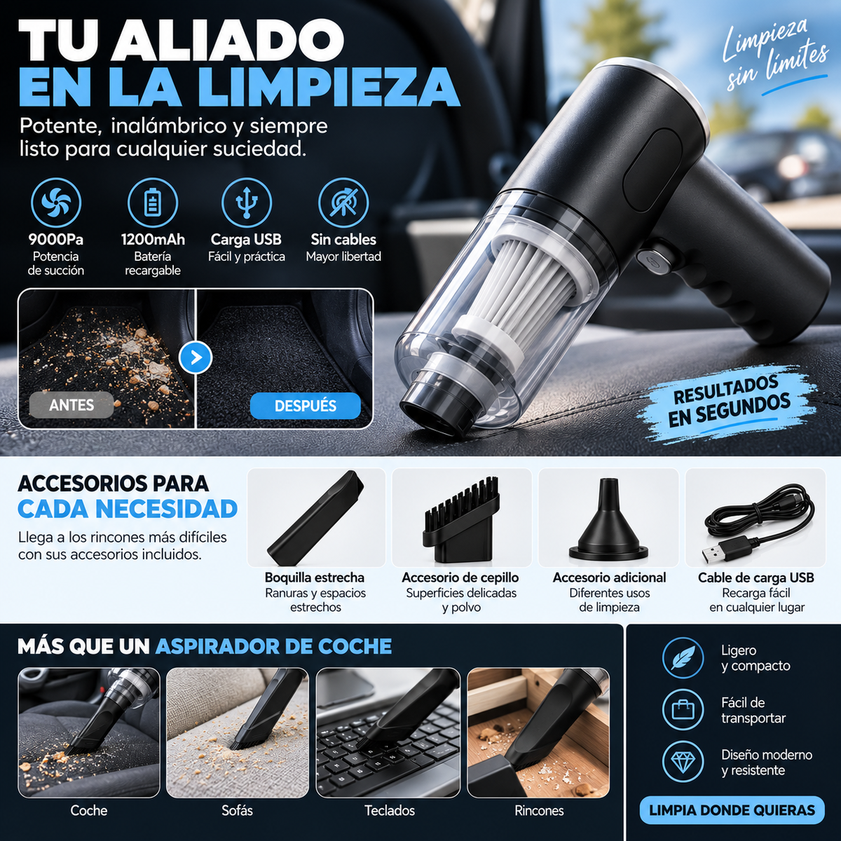 Mini Aspirador Inalambrico 9000Pa - Coche y Hogar, Recargable USB