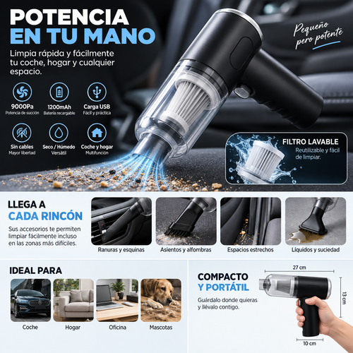 Mini Aspirador Inalambrico 9000Pa - Coche y Hogar, Recargable USB